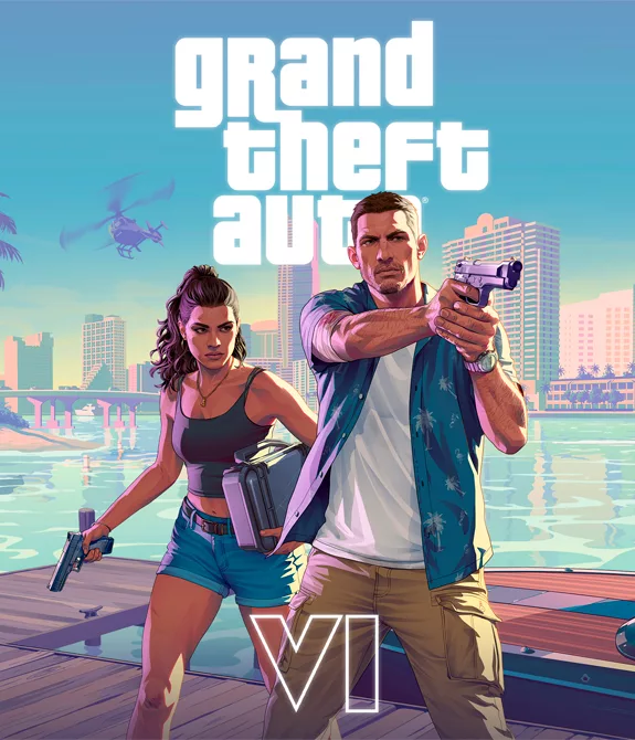 Lucia e Jason em um pier com a logo de GTA 6 ao fundo.