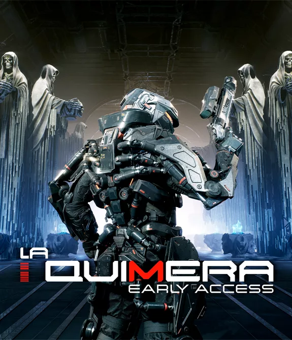 Capa de La Quimera Early Access com soldado à frente e várias estátuas de esqueleto com capuz ao fundo.
