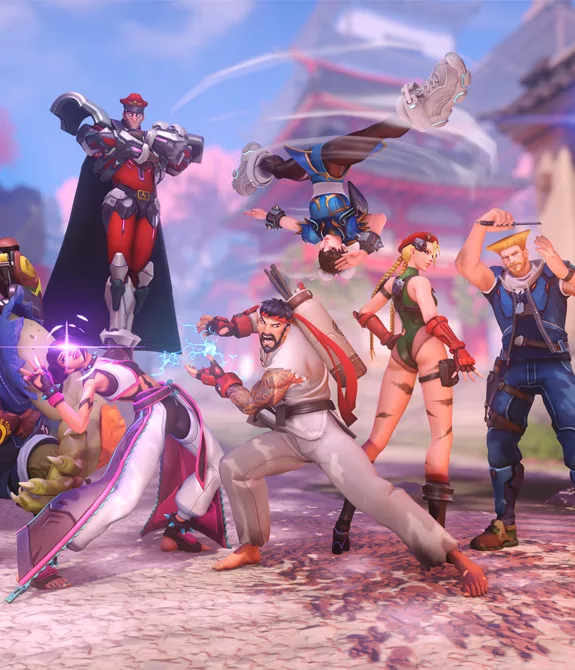 Imagem de personagens de Overwatch 2 com skins de Street Fighter 6 em uma imagem dentro do jogo.
