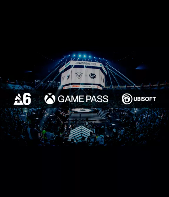 Fundo com plateia em evento de Rainbow Six eSports com logos da Blast, Xbos Game Pass e Ubisoft