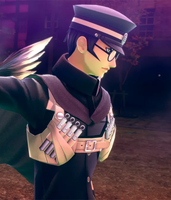 Raidou e outra personagem logo atrás dele e com asas.