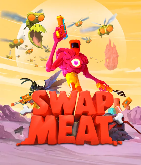 Capa de Swapmeat com personagens modificados pelas carnes de alienígenas e com monstros atacando eles.