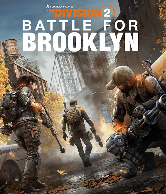 Capa de The Division 2 Battle for Brooklyn com 3 personagems olhando pra icônica ponte.