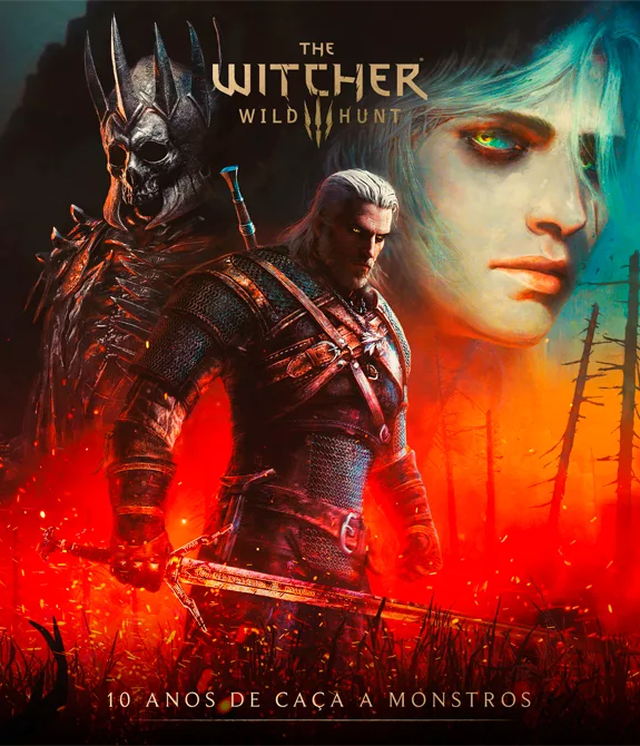Capa comemorativa dos 10 anos de The Witcher 3: Wild Hunt - 10 anos de caça a monstros.