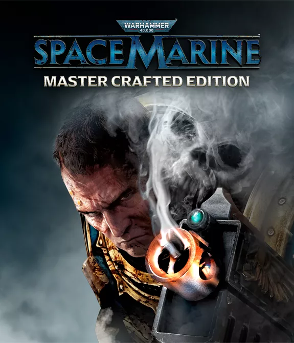Capa de Warhammer 40k Space Marine - Edição Master Crafted com Titus à frente com uma arma fumegando uma fumaça em forma de crânio.