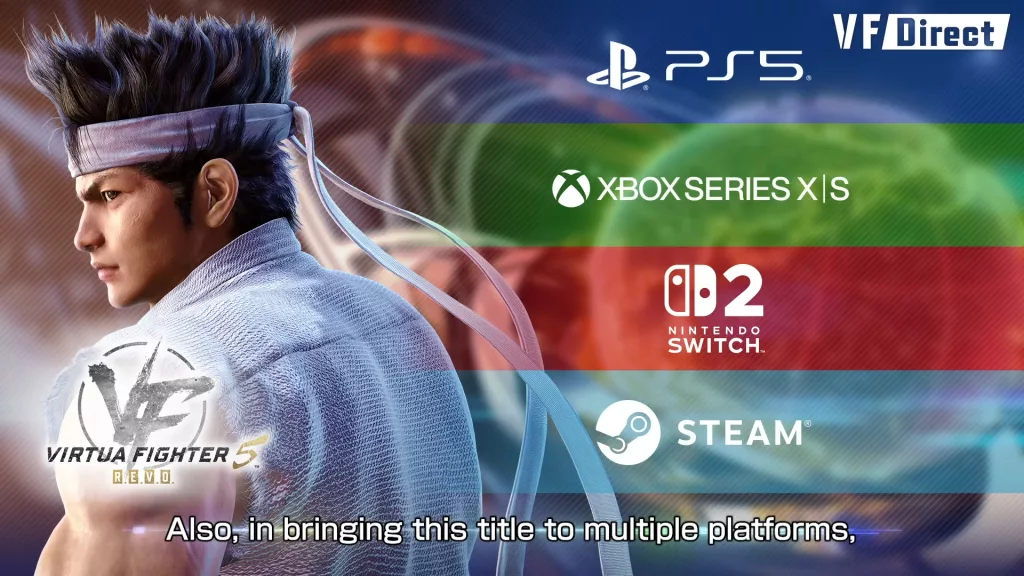 Akira Yuki na esquerda com logo de Virtua Fighter 5 R.E.V.O. e a direita as várias plataformas que terão o jogo.