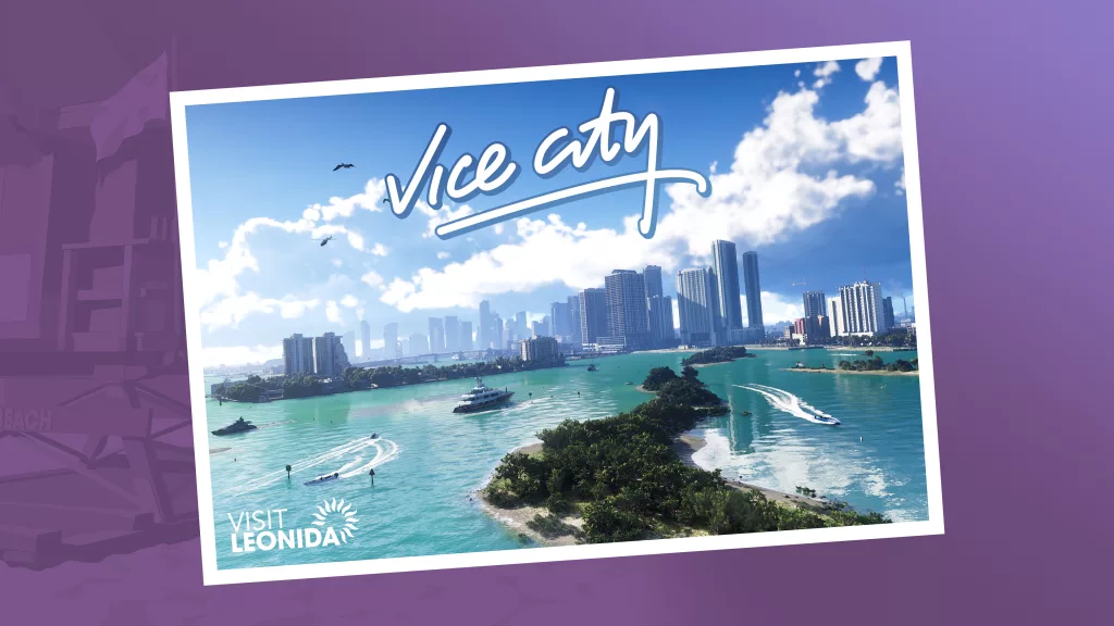 Cartão postal de Vice City mostrando grandes prédios, praias e águas esverdeadas com muitos barcos caros.