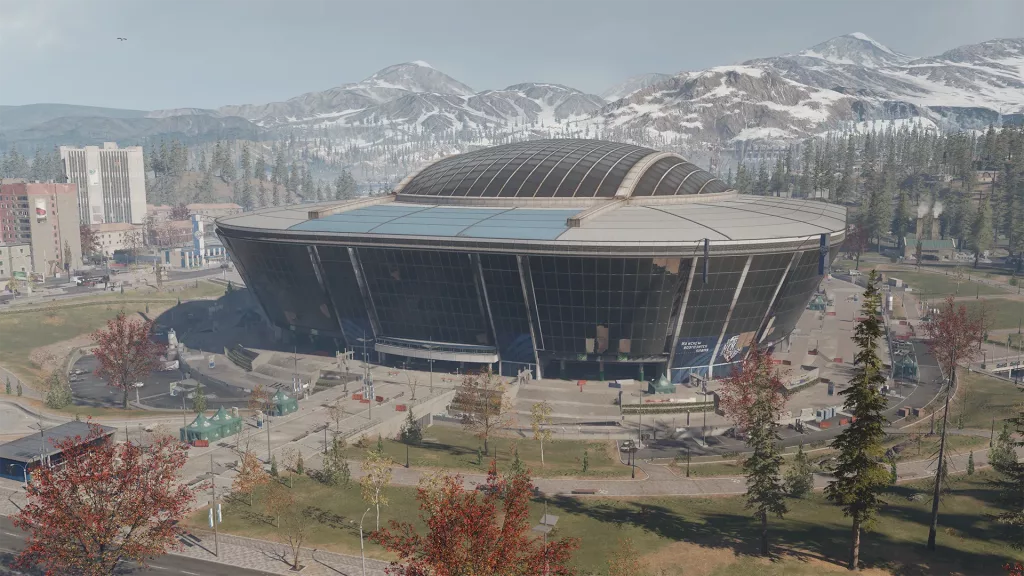 Imagem do Estádio em Verdansk, grandioso e cheio de pontos críticos estratégicos.