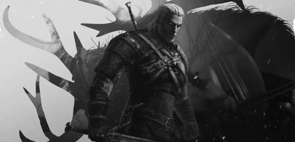 Geralt em uma imagem preta e branca, somente com os olhos amarelos.
