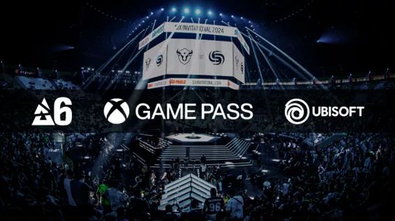 Fundo com plateia em evento de Rainbow Six eSports com logos da Blast, Xbos Game Pass e Ubisoft