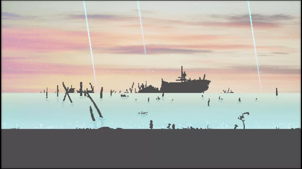 Imagem com navio destruído no mar e um céu de fim de tarde.