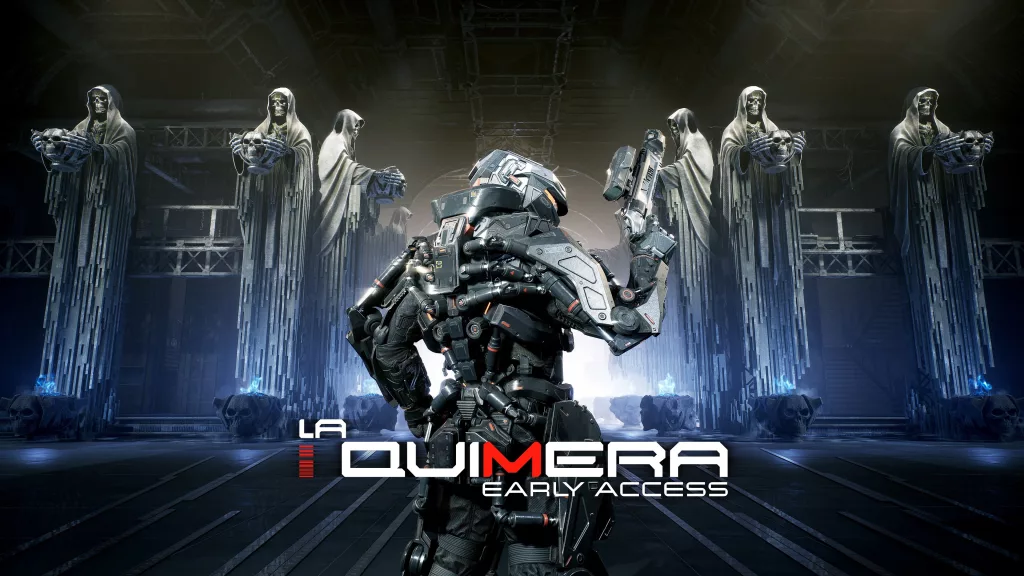 Capa de La Quimera Early Access com soldado à frente e várias estátuas de esqueleto com capuz ao fundo.