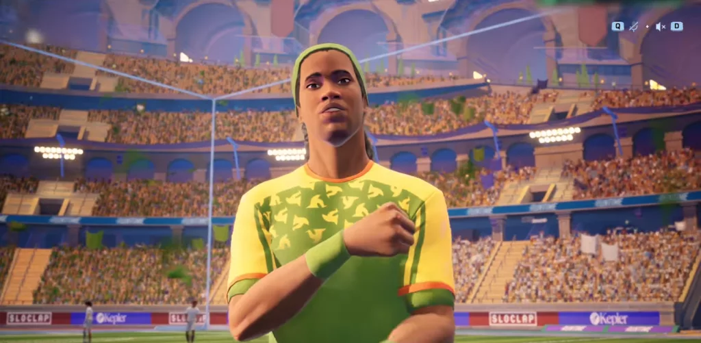 Ronaldinho Gaúcho com uniforme verde e amarelo dentro do jogo.