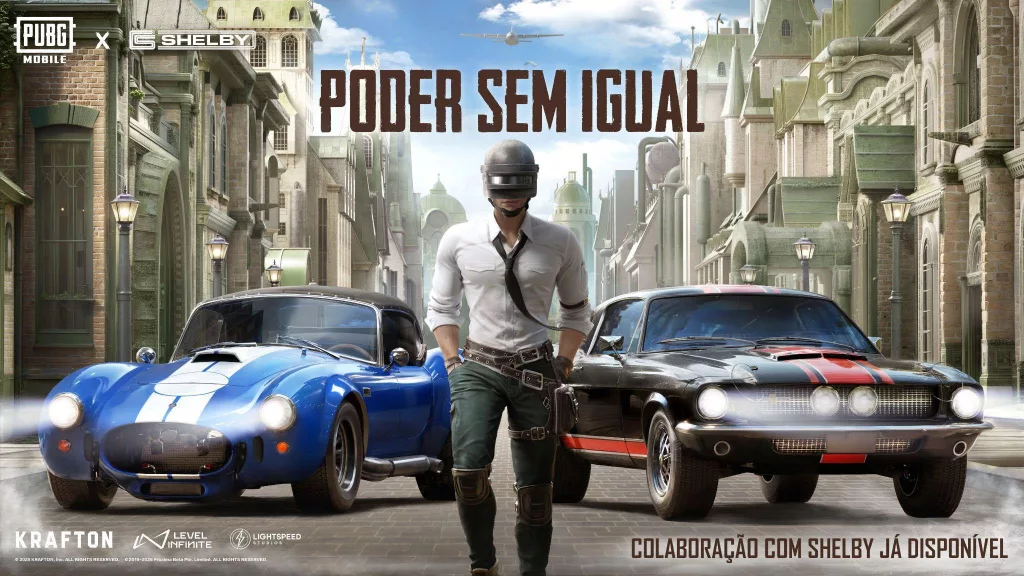 Personagem de PUBG Mobile em meio aos carros da Shelby American.