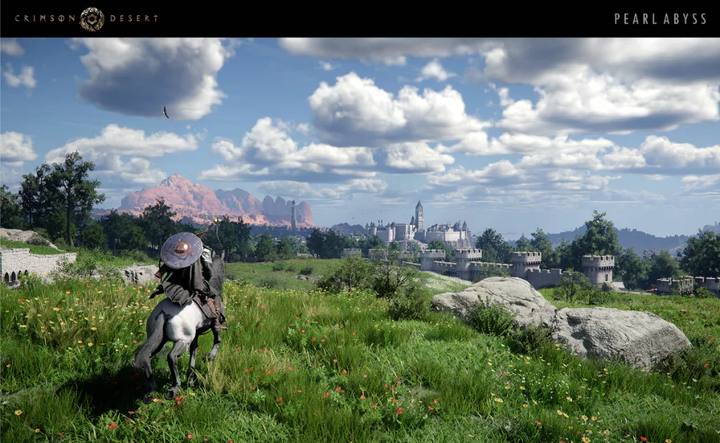Personagem de Crimson Desert à cavalo em paisagem gramada e com castelo ao fundo.
