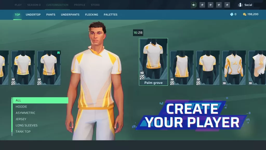 Tela de criação e caracterização de personagem em Rematch.