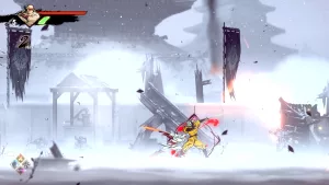 Protagonista e inimigo frente a frente com espadas.