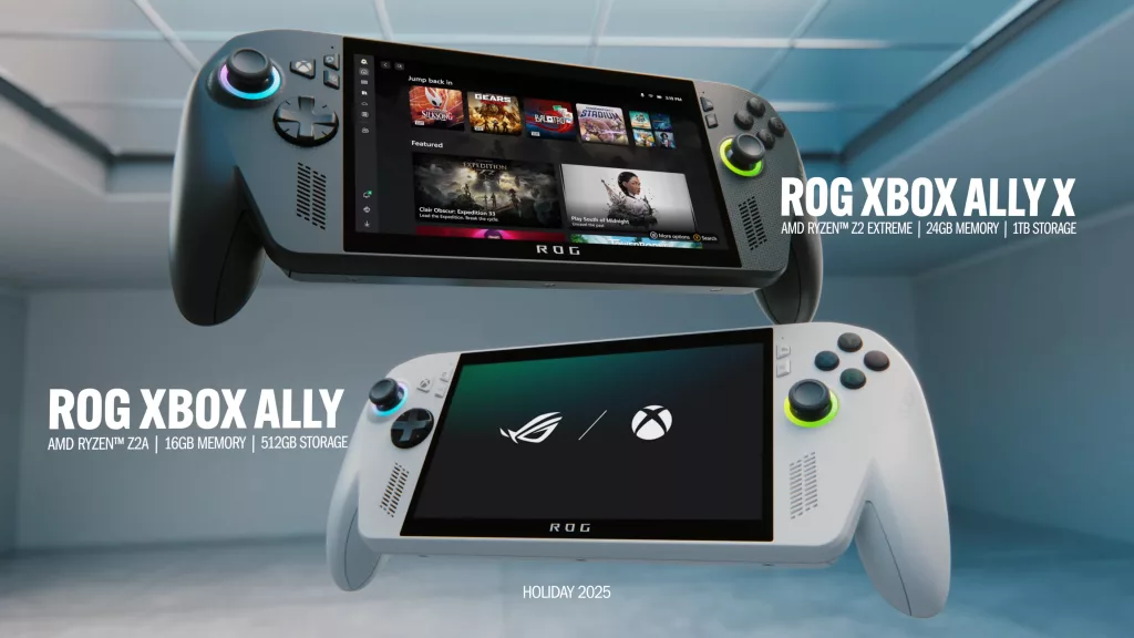 Dois portáteis Rog Xbox Ally apresentados no Xbox Games Showcase 2025. Um preto e outro branco com especificações técnicas diferentes.