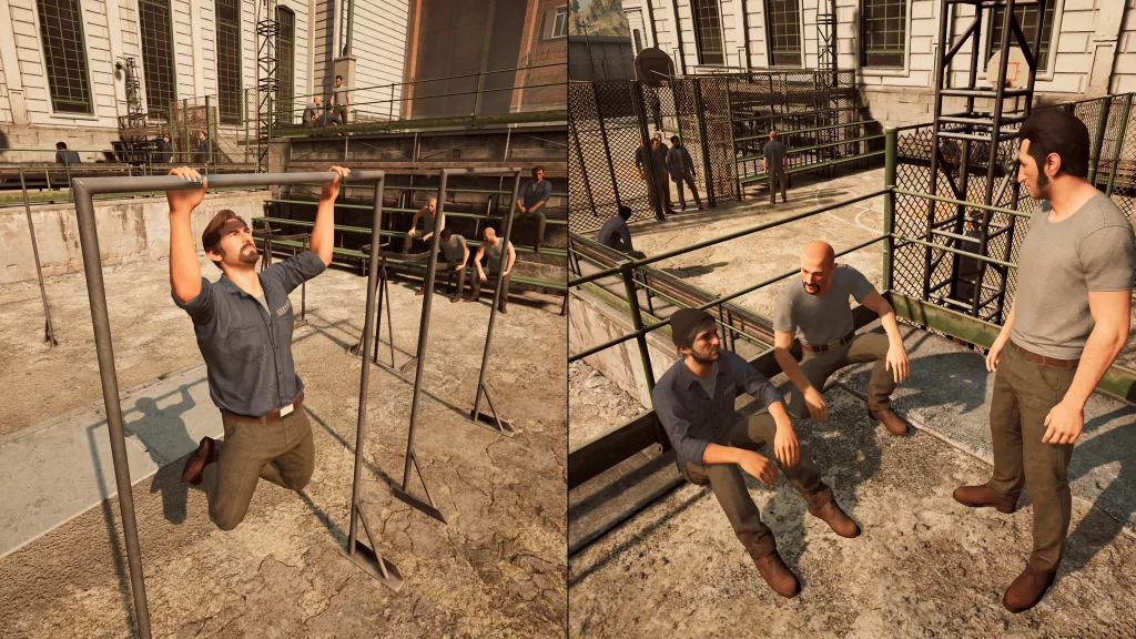 Tela dividida ao meio, um dos lados tem um personagem conversando com NPCs na prisão e do outro um personagem fazendo exercício na prisão.