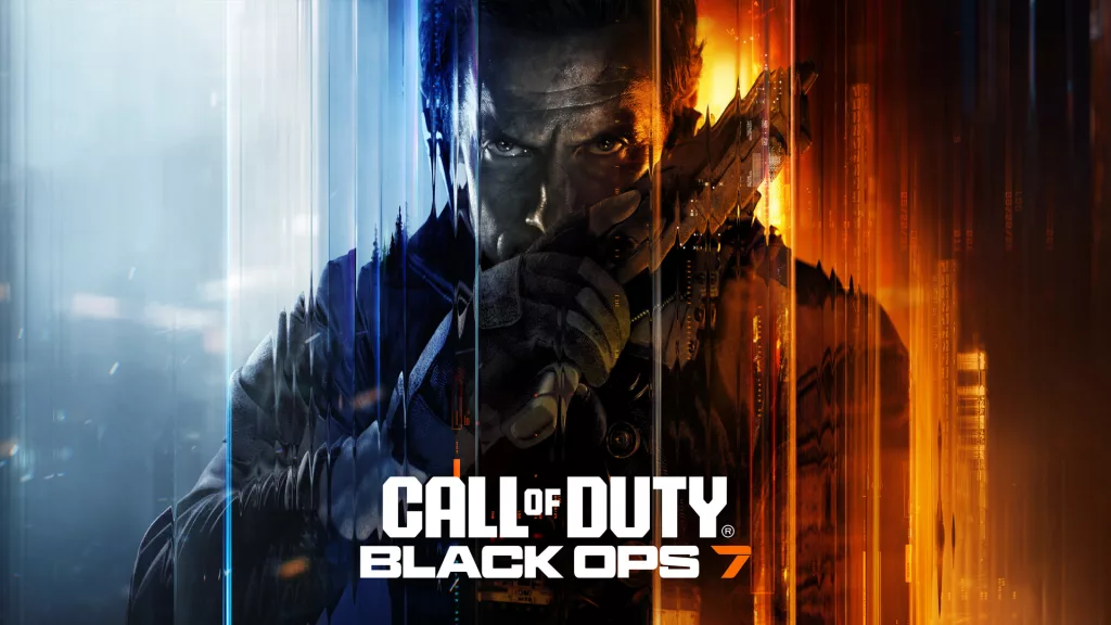 Personagem de Call of Duty: Black Ops 7 centralizado na tela dividido entre as cores azul e laranja, empunhando uma arma e olhando para frente com a logo do jogo à frente.