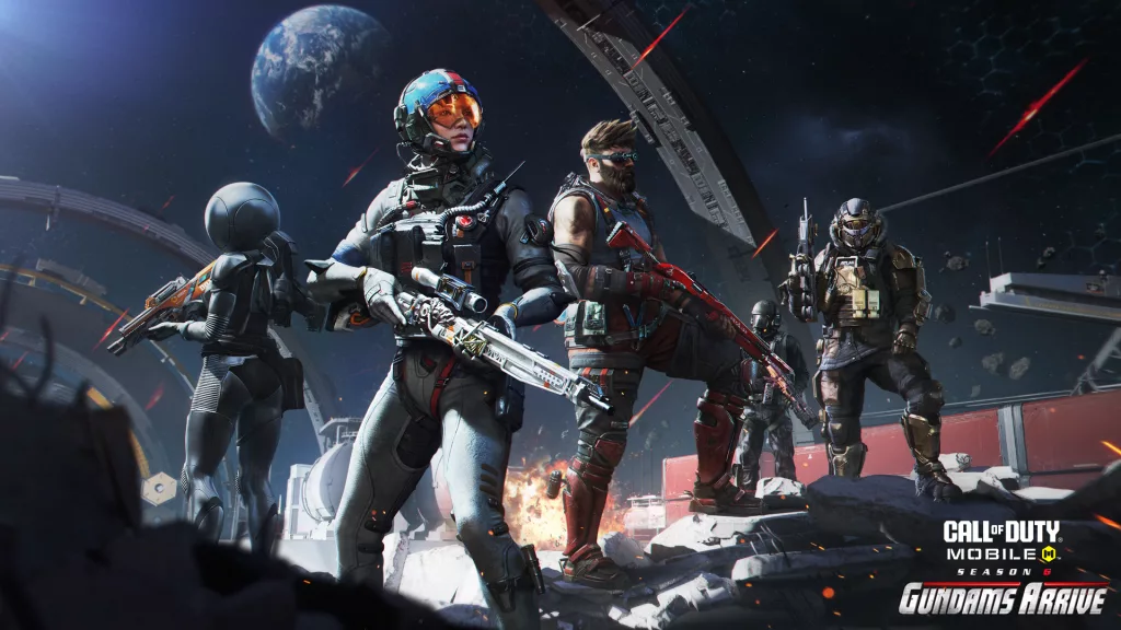 Operadores no que parece ser uma estação espacial segurando novas armas.