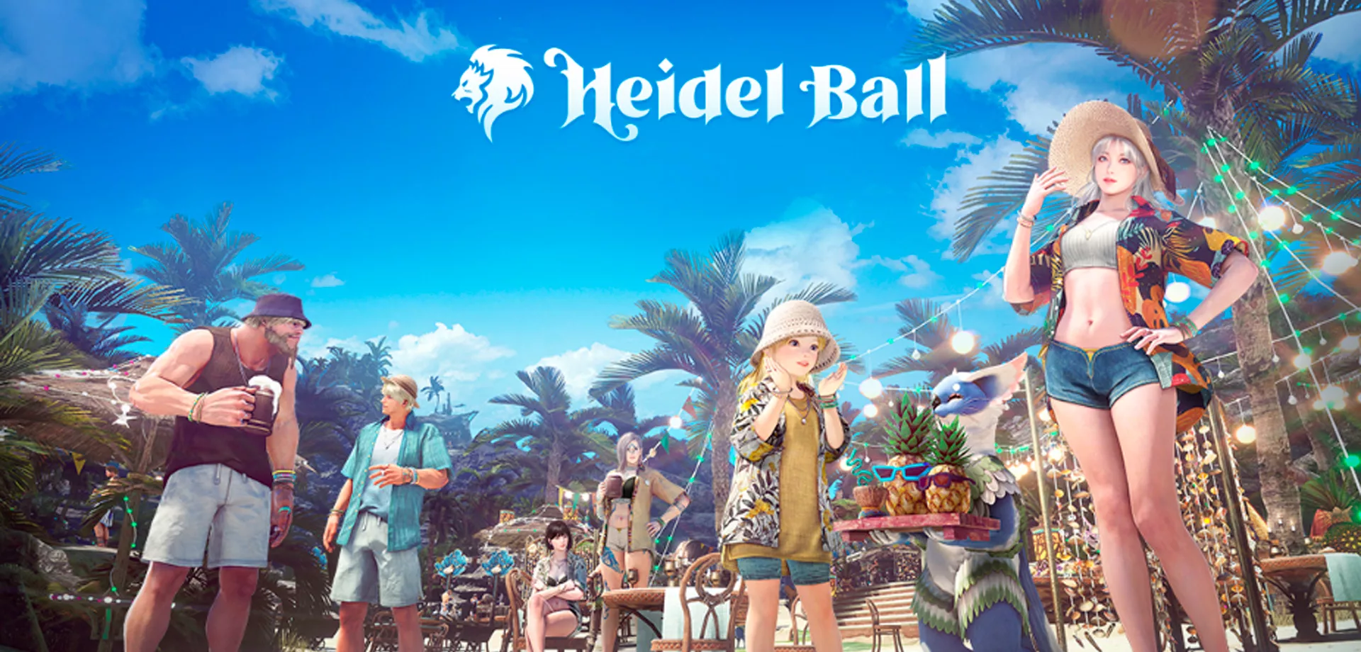 Imagem de vários personagens de Black Desert na praia, entre coqueiros, e a frase em inglês, Banquete de Heidel.