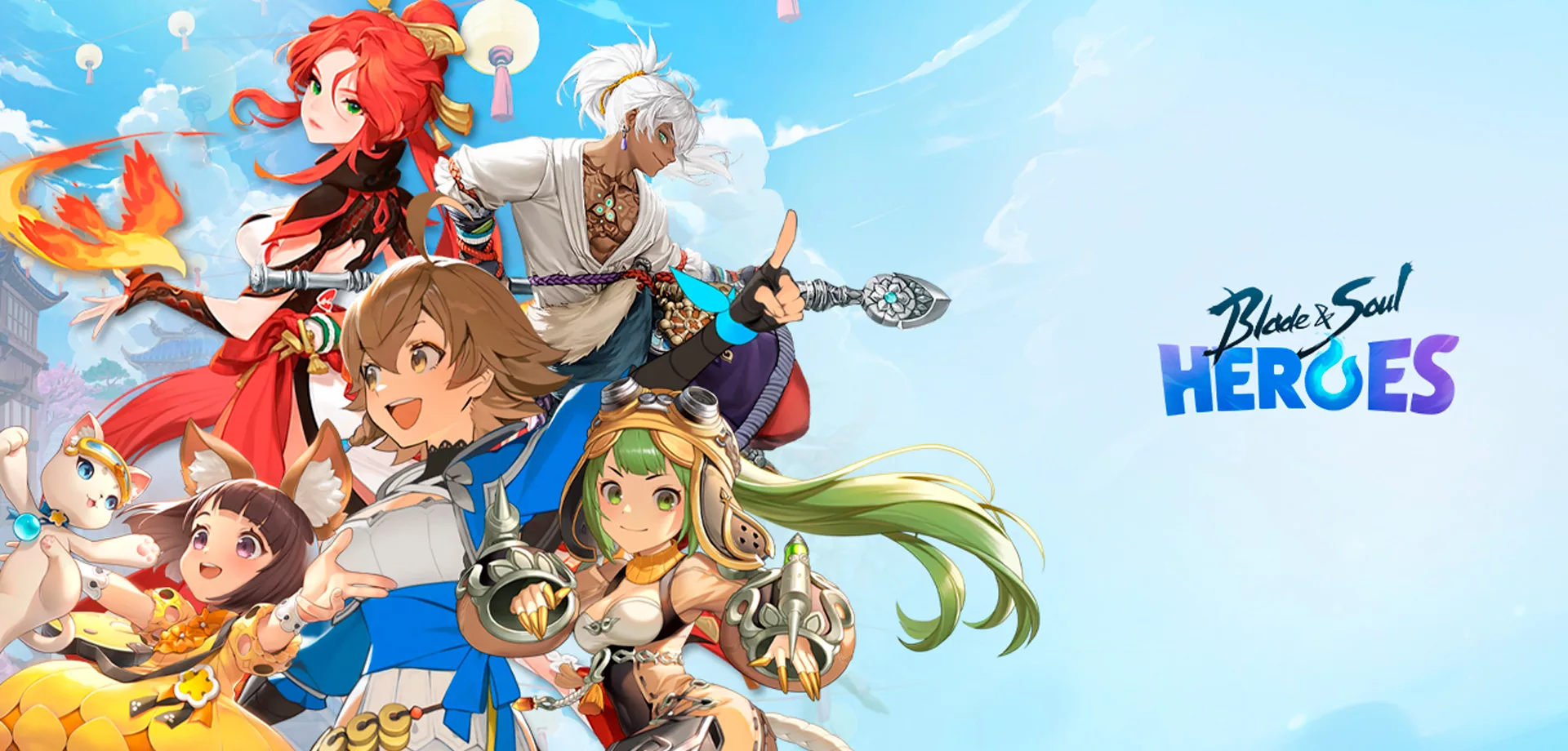 Vários personagens de Blade and Soul Heroes em fundo de nuvens azuis.