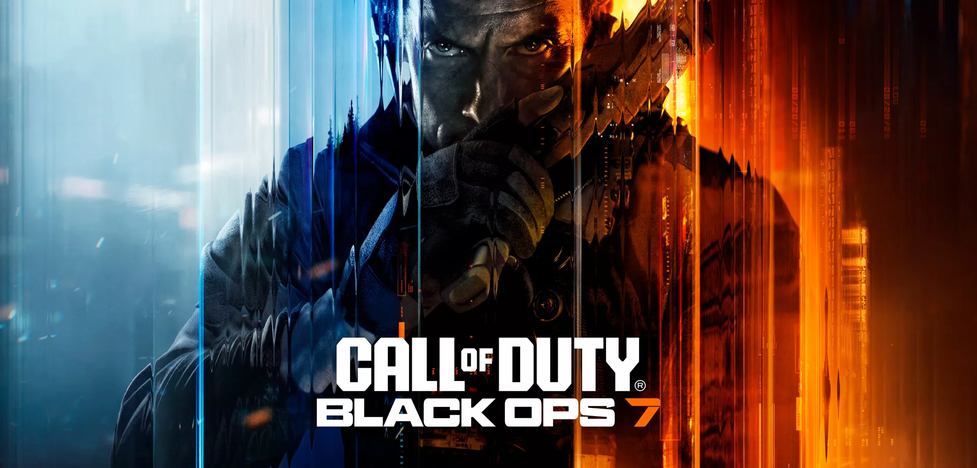 Personagem de Call of Duty: Black Ops 7 centralizado na tela dividido entre as cores azul e laranja, empunhando uma arma e olhando para frente com a logo do jogo à frente.