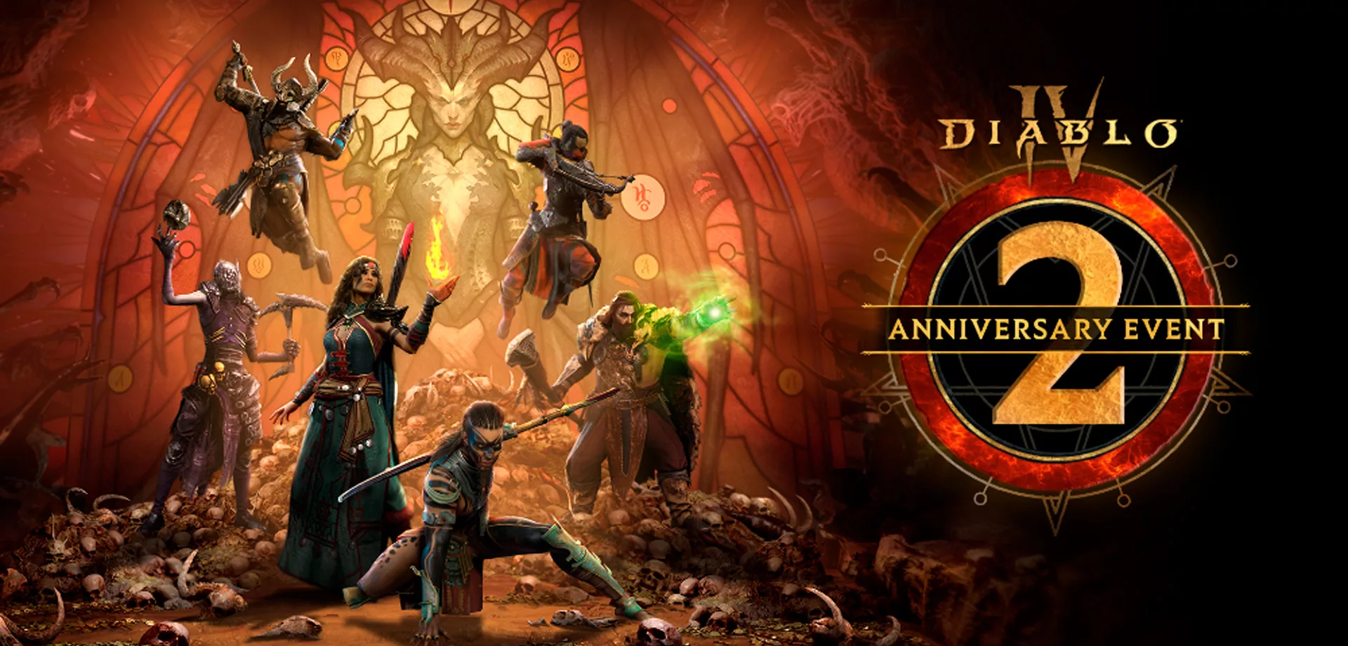 Imagem de Segundo Aniversário de Diablo IV com todos as classes em frente a um Vitral da Lilith.