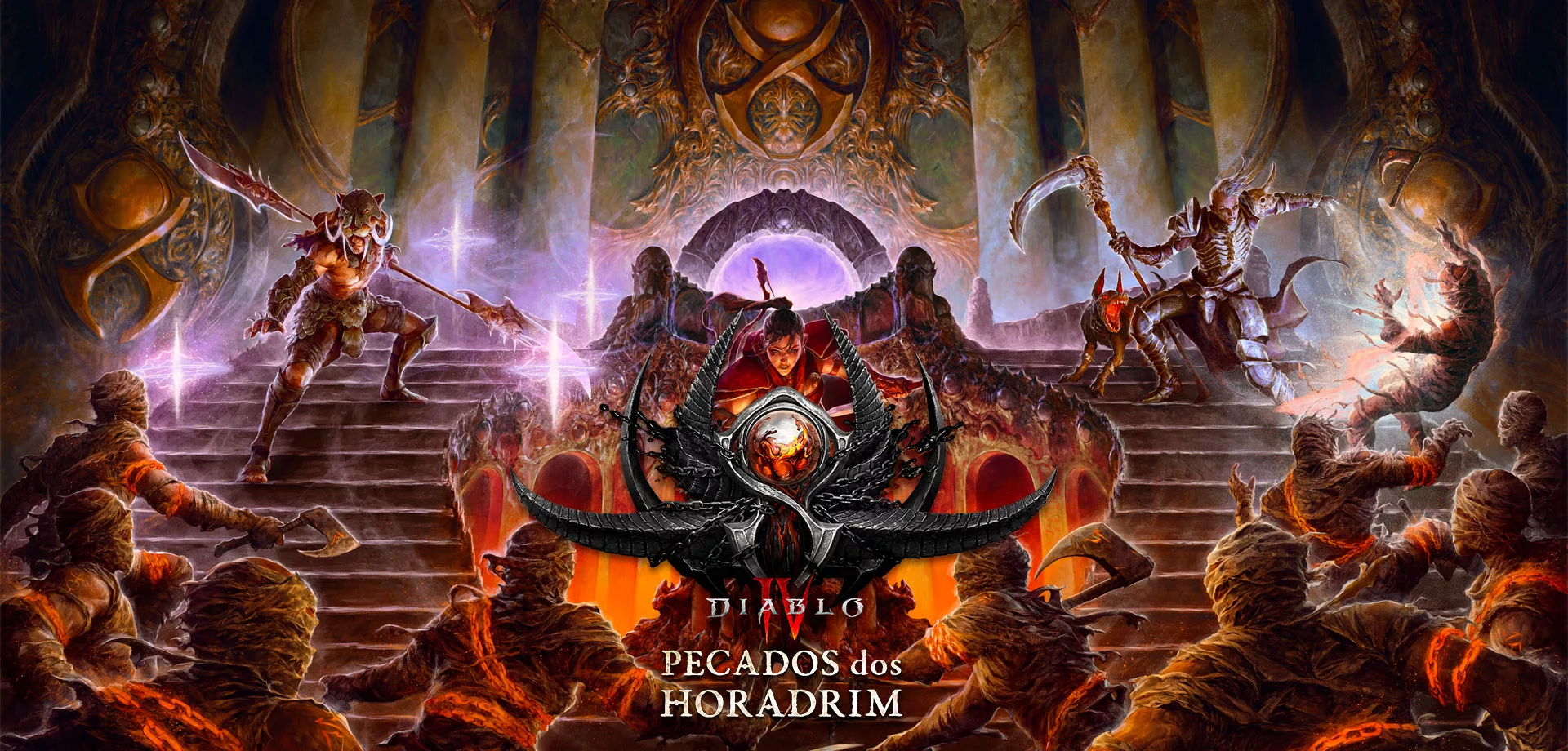Diablo IV Pecados dos Horadrim Temporada 9 com personagens em uma escadaria encarando uma horda de inimigos humanóides.