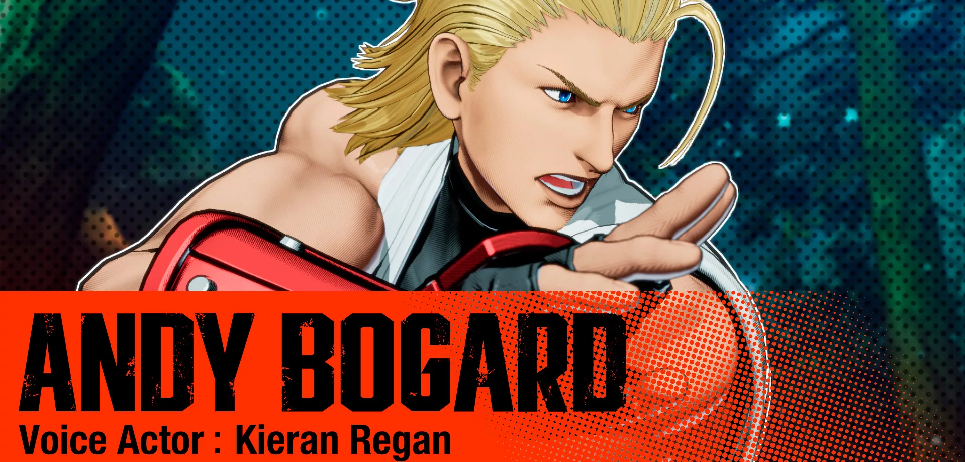 Andy Bogard em pose no jogo Fatal Fury: City of the Wolves.
