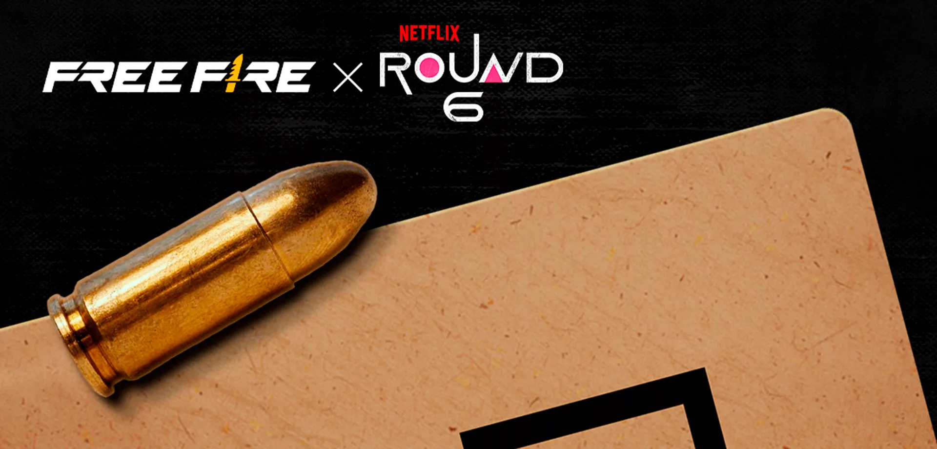 Imagem de Free Fire e Round 6 com um projétil de arma e o cartão com um círculo, triangulo e quadrado, característico da série da Netflix.