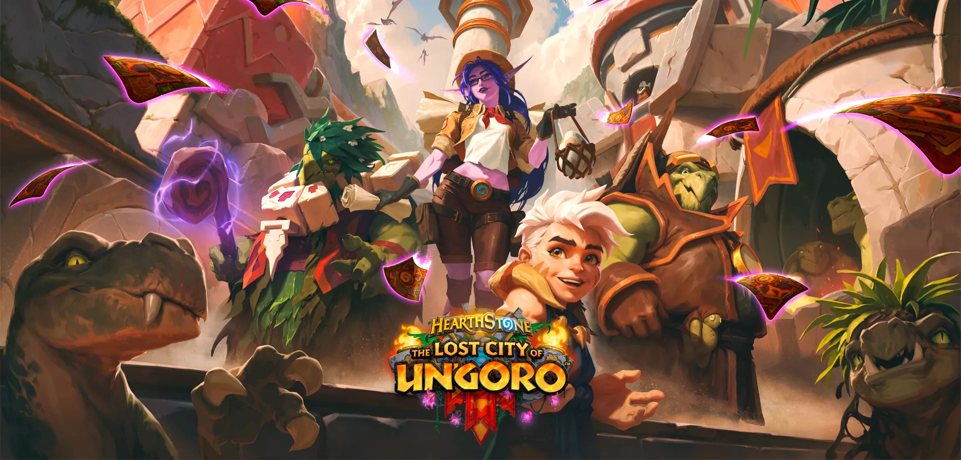 Personagens de Hearthstone na Cidade Perdida de Un'Goro com uma estética que lembra um arquitetura Inca.