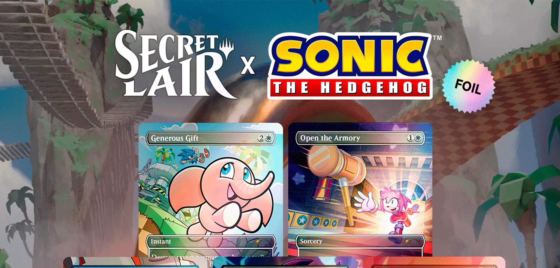 Várias cartas de Magic The Gathering Secret Lair e Sonic, em colaboração.