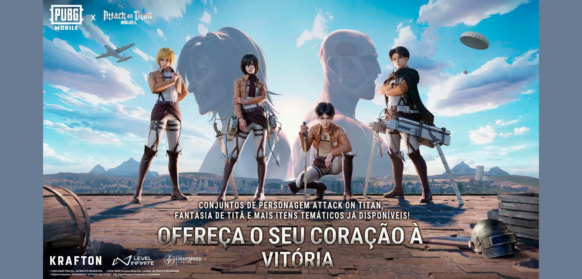 4 Personagens de Attack on Titan e mais 2 Titãs ao fundo, dentro da ambientação de PUBG Mobile.