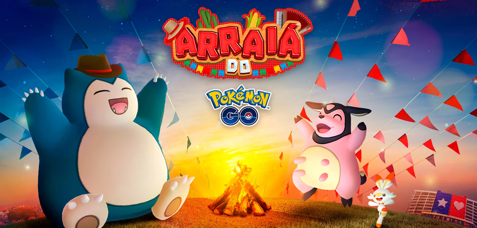 Imagem com Snorlax, Miltank e Scorbunny em volta de uma fogueira do Arraiá do Pokémon GO.