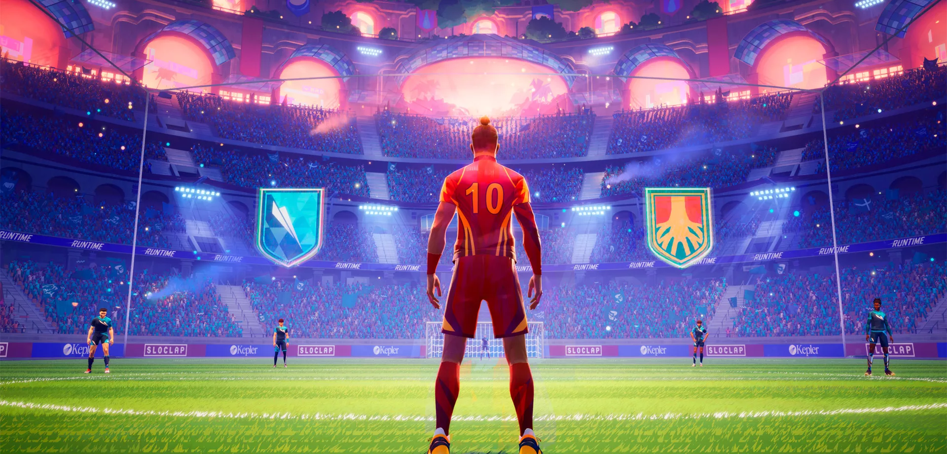 Jogador camisa 10 de Rematch dentro de um estádio lotado.