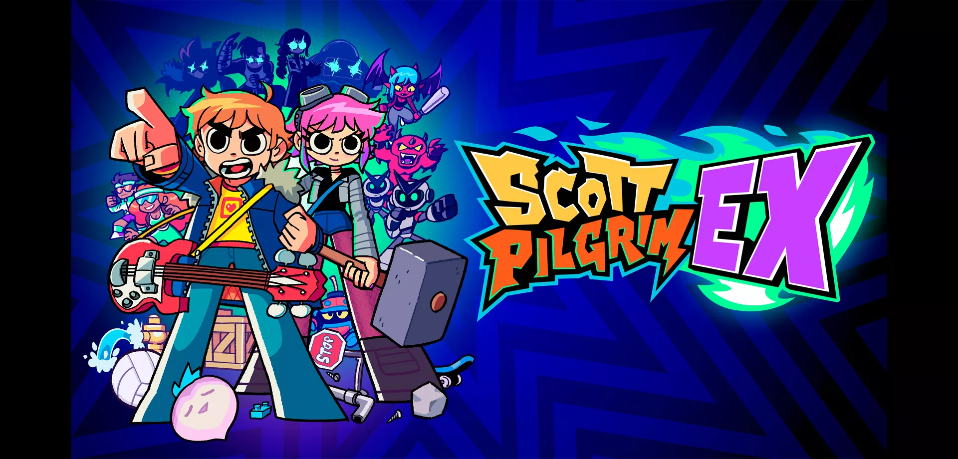 Scott Pilgrim e Ramona Flowers e outros vários personagens ao lado da logo de Scott Pilgrim Ex em um fundo azul.
