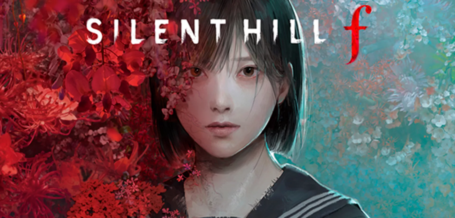 Shimizu Hinako de Silent Hill f, entre as flores vermelhas e o jardim esverdeado.