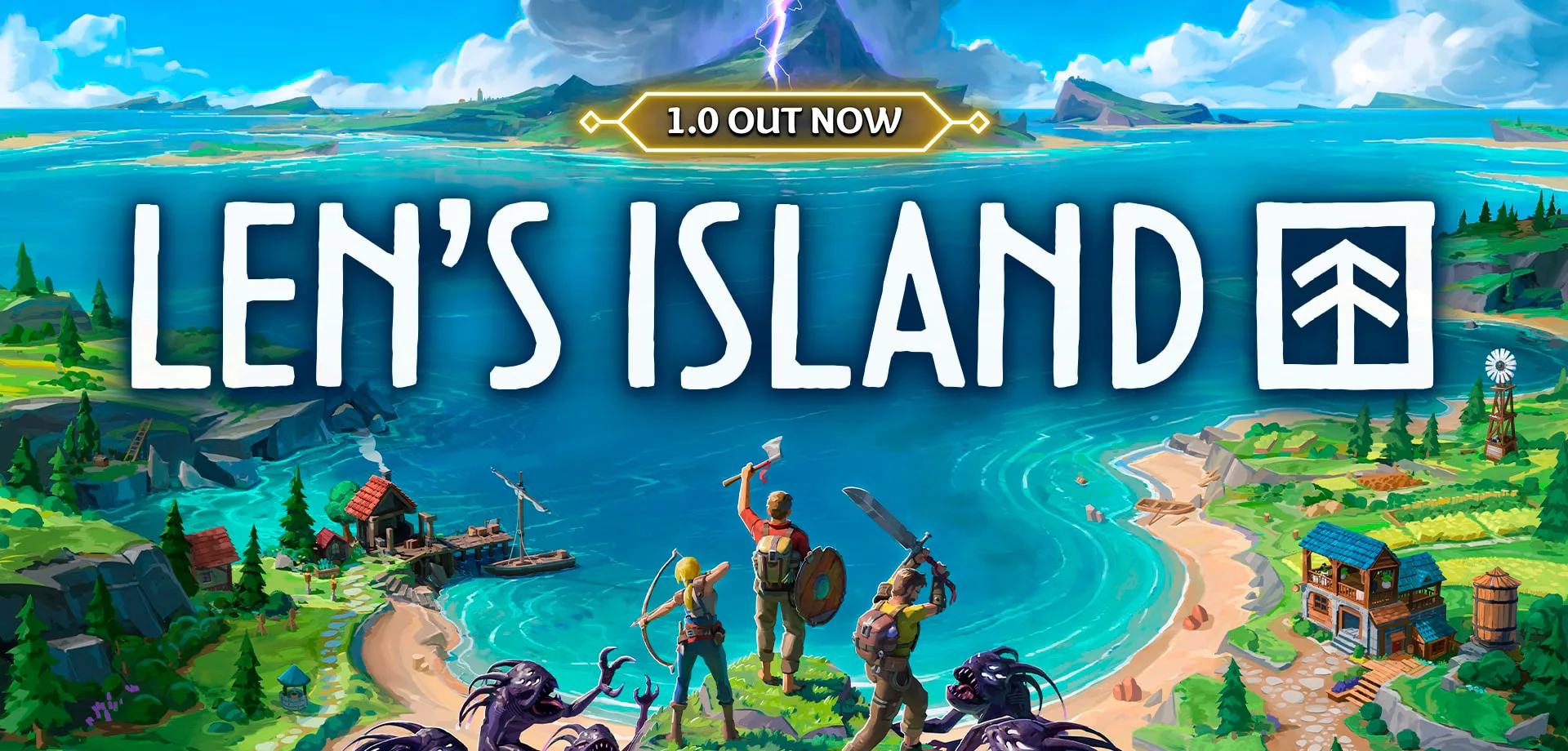 # personagens lutando contra monstors das sombas numa paisagem com várias ilhas e muita água em Len's Island.