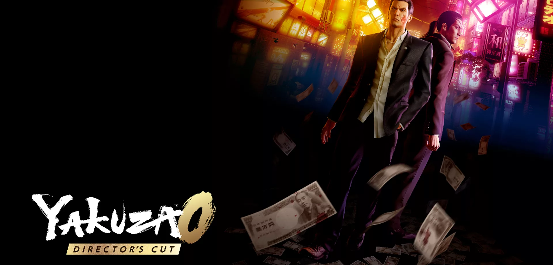Capa de Yakuza 0 Director's Cut com os 2 protagonistas à frente e várias notas de dinheiro voando.