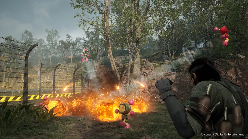 Snake em frente a vários bombermans em apresentação da KONAMI PRESS START.