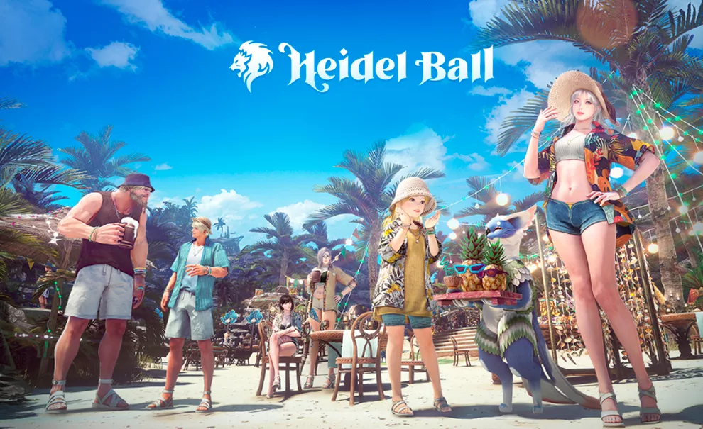 Imagem de vários personagens de Black Desert na praia, entre coqueiros, e a frase em inglês, Banquete de Heidel.