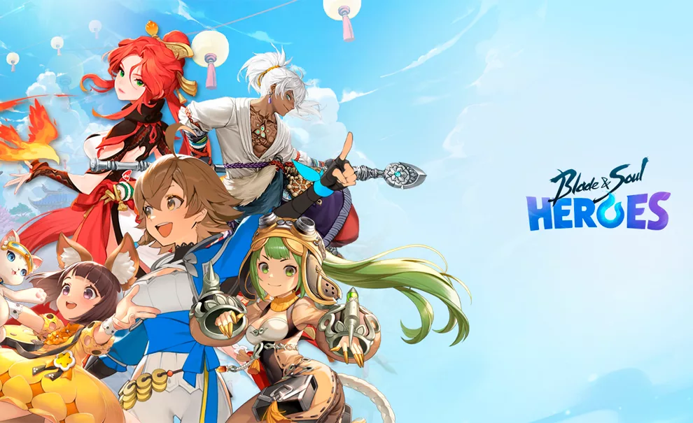 Vários personagens de Blade and Soul Heroes em fundo de nuvens azuis.