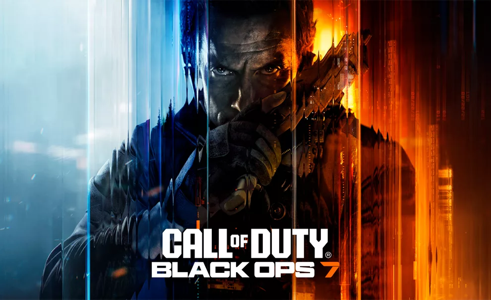 Personagem de Call of Duty: Black Ops 7 centralizado na tela dividido entre as cores azul e laranja, empunhando uma arma e olhando para frente com a logo do jogo à frente.