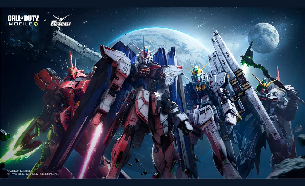Imagens de Gundams à frente do Planeta Terra para a temporada de Call of Duty Mobile.