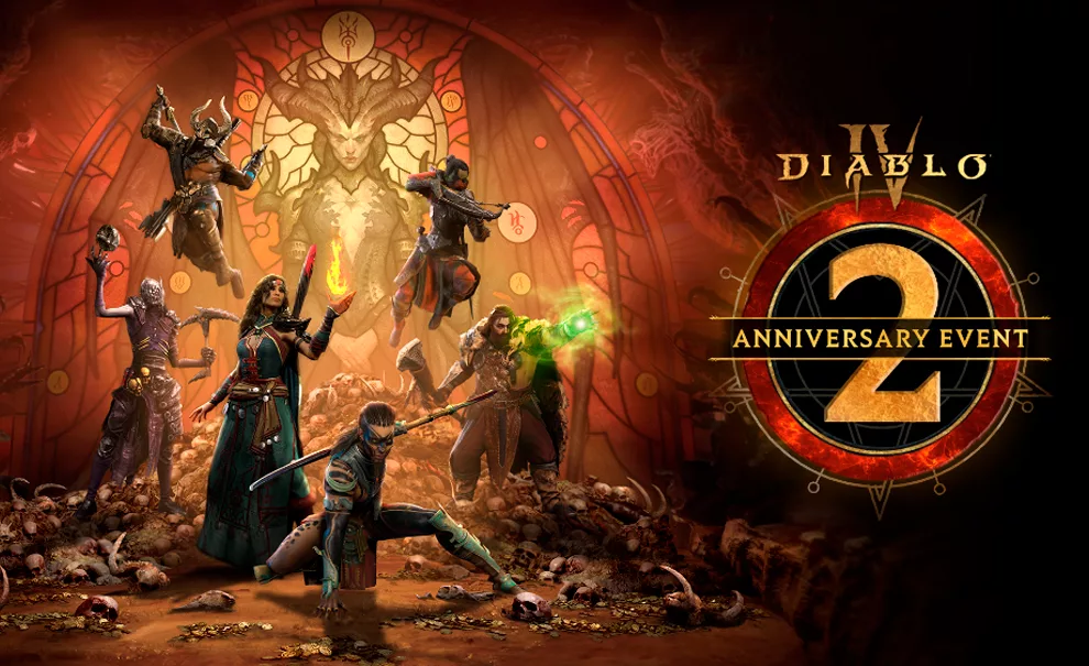 Imagem de Segundo Aniversário de Diablo IV com todos as classes em frente a um Vitral da Lilith.