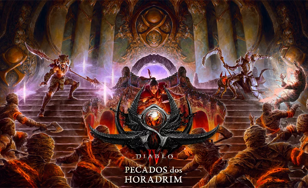 Diablo IV Pecados dos Horadrim Temporada 9 com personagens em uma escadaria encarando uma horda de inimigos humanóides.