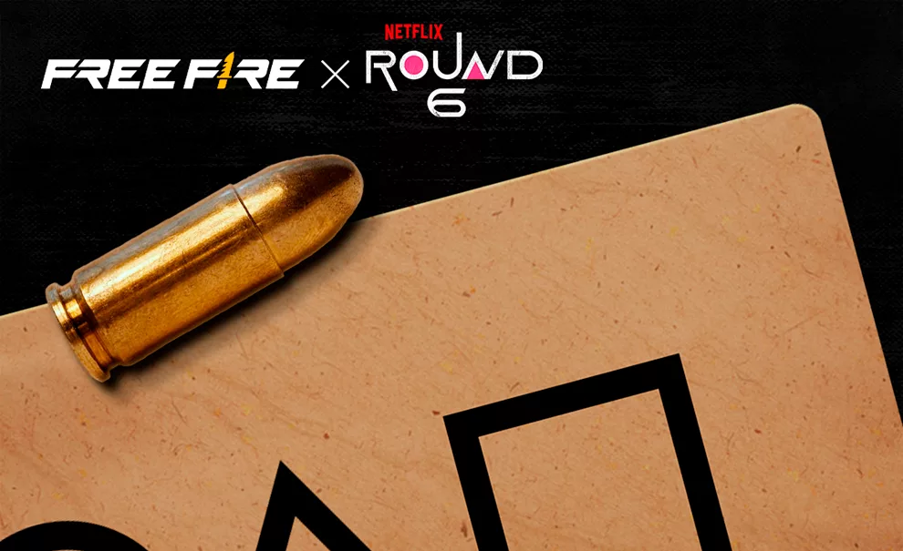 Imagem de Free Fire e Round 6 com um projétil de arma e o cartão com um círculo, triangulo e quadrado, característico da série da Netflix.