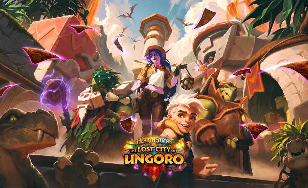 Personagens de Hearthstone na Cidade Perdida de Un'Goro com uma estética que lembra um arquitetura Inca.